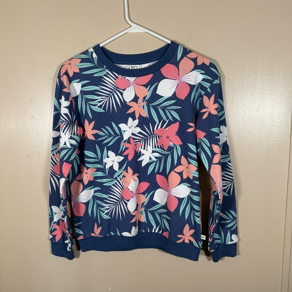 Roxy Girl In The Blue Floral Crewneck Pullover Sweatshirt size XL